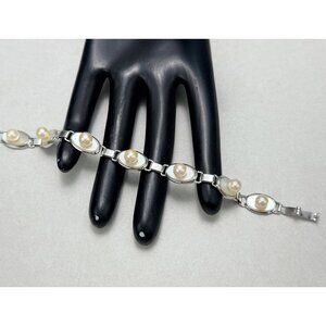 Vintage Natural Pearl Bracelet Silver Tone Link Design Elegant Classic